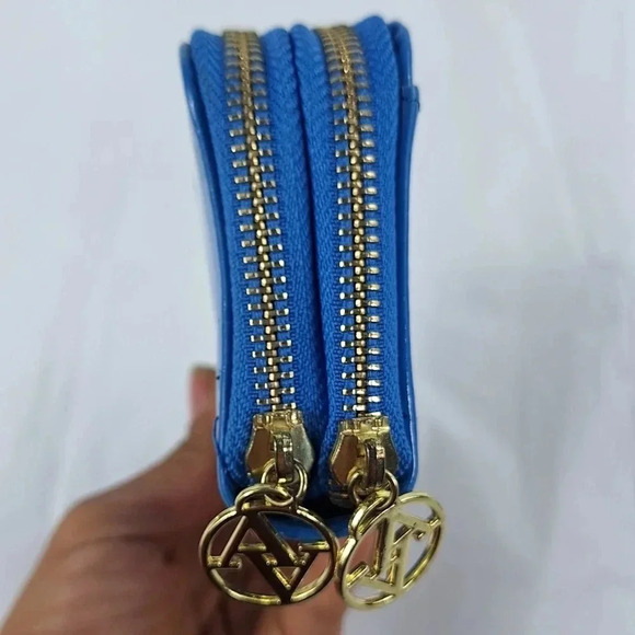 Adrienne Vittadini Bifold Blue Patent Leather with Gold Colored Zippers Wallet - Picture 6 of 14